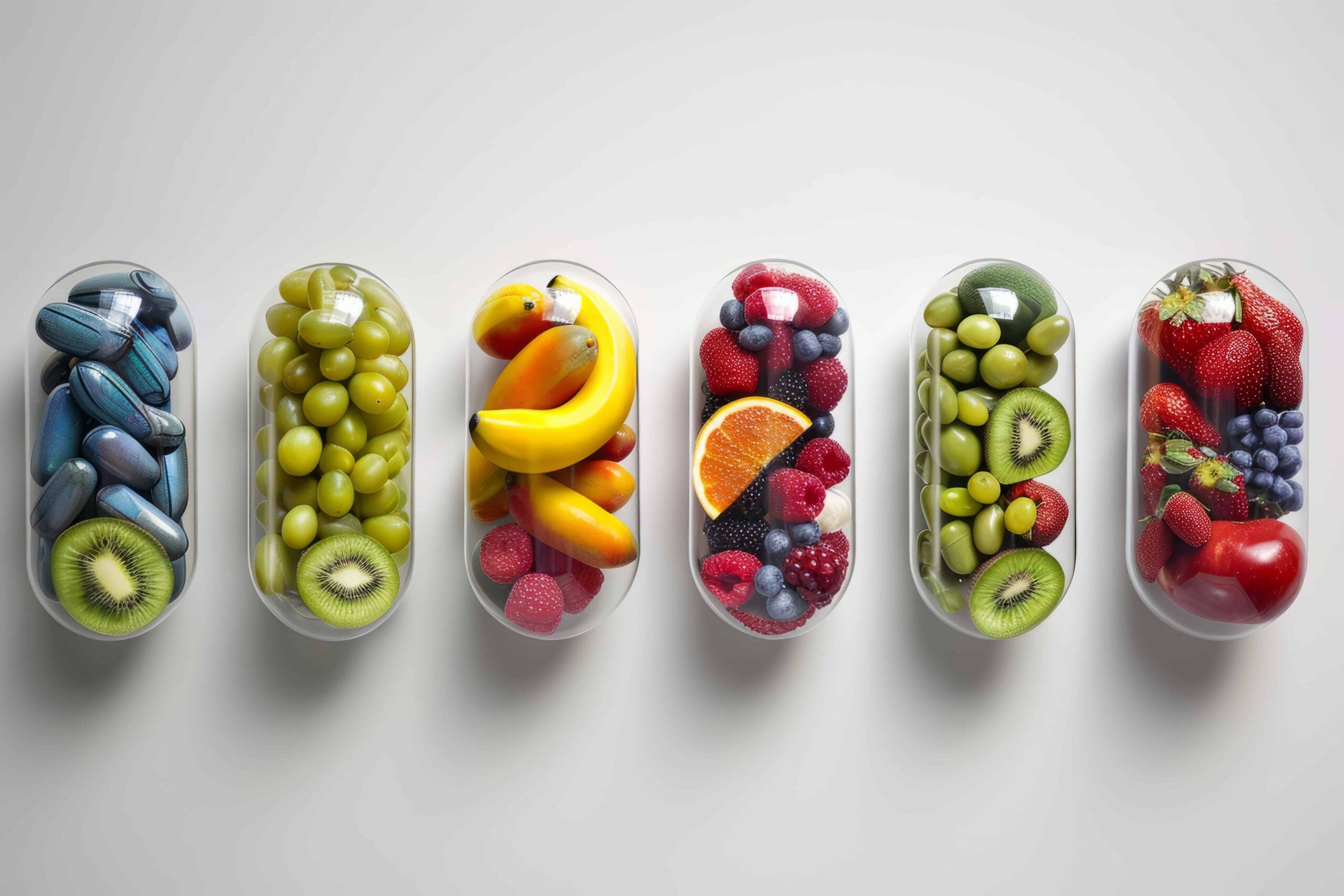 Gusti di frutta fresca in vasetti di plastica trasparenti con diverse varietà di frutta colorata, ideale per ricette salutari e spuntini nutrienti, scelte per un'alimentazione equilibrata e gustosa.