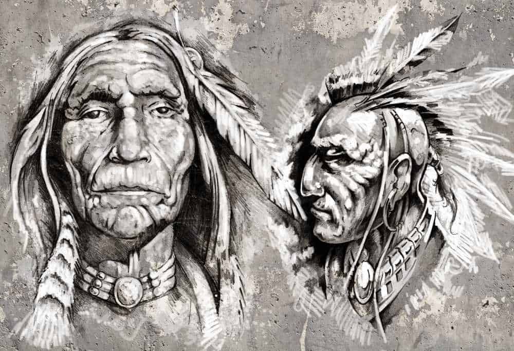 Vector portrait of two Native American chiefs with traditional feather headdresses in black and white, emphasizing their cultural heritage and history.
