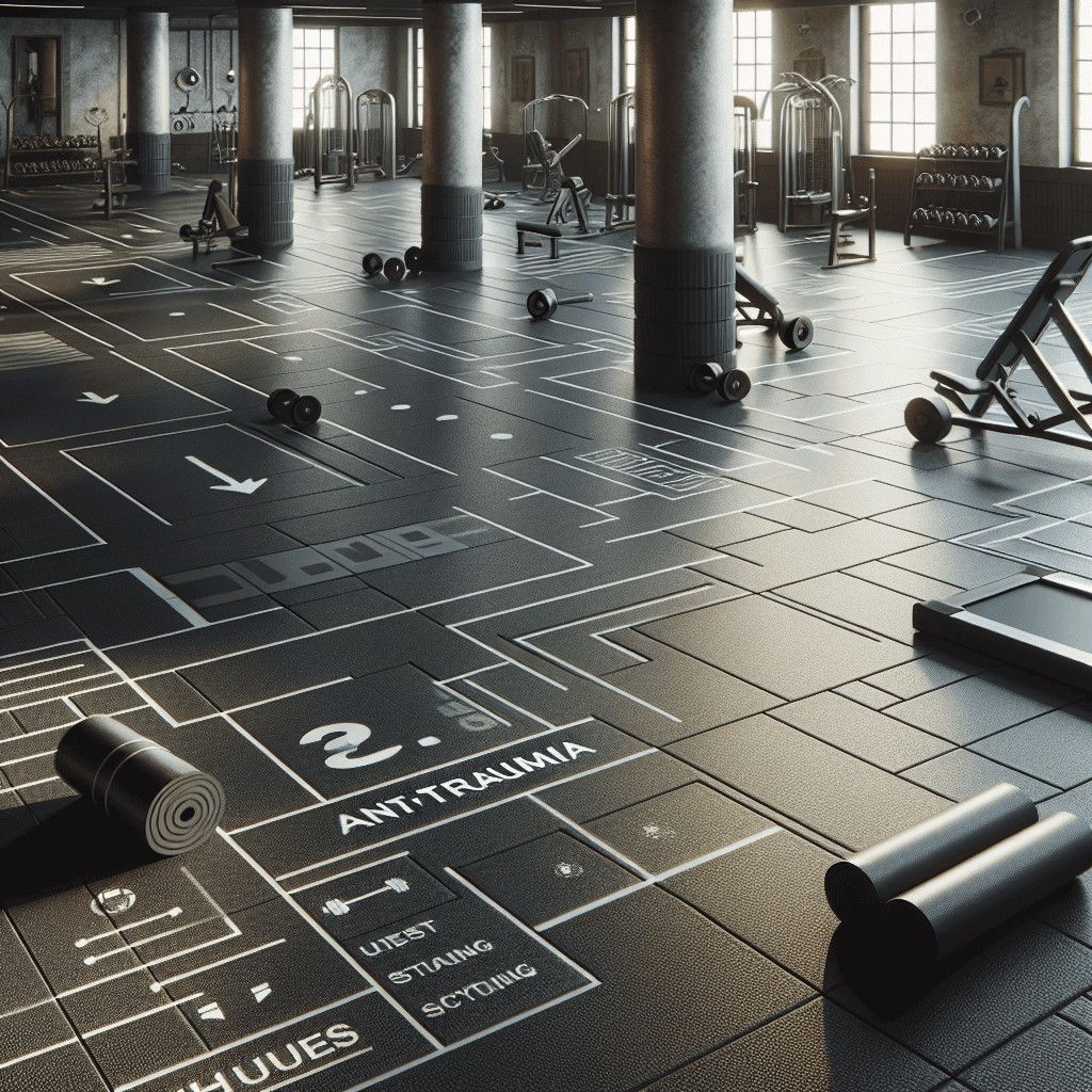 Pavimento palestra con attrezzi fitness e indicazioni di sicurezza per allenamento antitrauma genitori e sportivi.