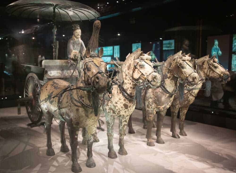 Antico carro trainato da cavalli in esposizione, con dettagli storici e archeologici, all'interno di un museo dedicato a reperti storici e civiltà antiche.