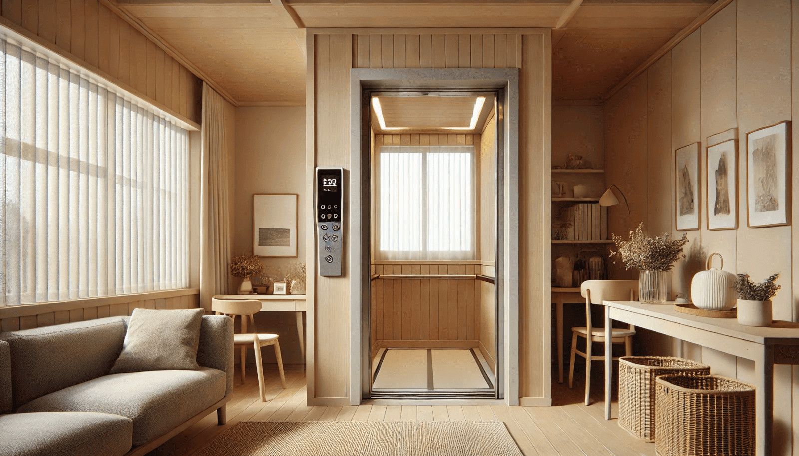 Elevatore in stile minimalista con interno in legno naturale, decorazioni di piante secche e arredi moderni in una casa accogliente dai toni neutri.