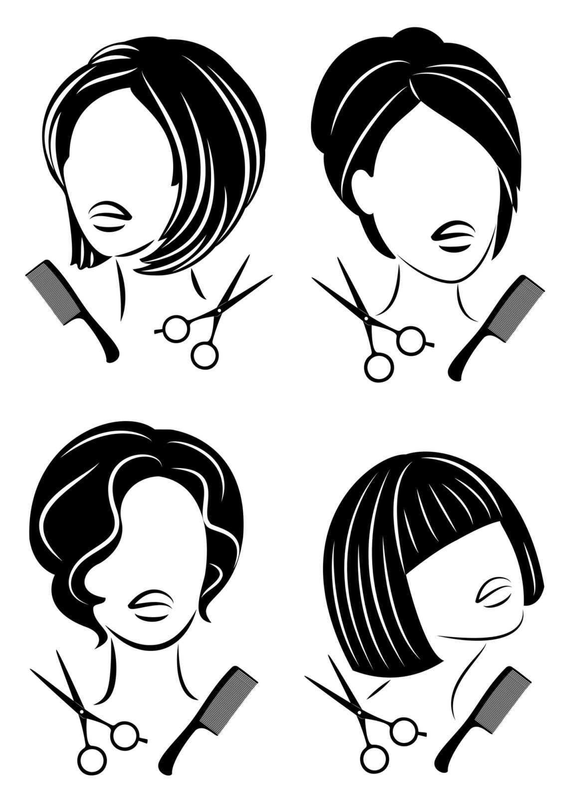 Corte di capelli femminili con differenti tagli alla moda, forbici e pettini come strumenti di styling. L'immagine mostra quattro stili di taglio di capelli femminili con strumenti di parrucchiere, ideale per tutorial e servizi di hairstyling. Illustrazione in bianco e nero di quattro donne con vari tagli di capelli e strumenti da parrucchiere, rappresentando diverse acconciature femminili moderne adatte a tutorial di hairstyle e beauty. Relevanza: Alta.