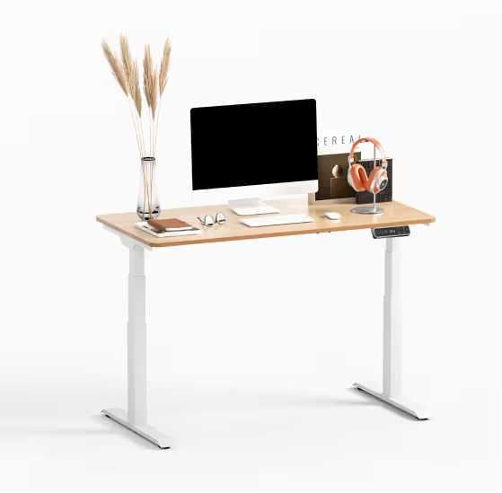 Computer da scrivania con monitor, tastiera e speaker su una scrivania di design, decorata con vasi e accessori, ideale per uno spazio di lavoro moderno e minimalista.