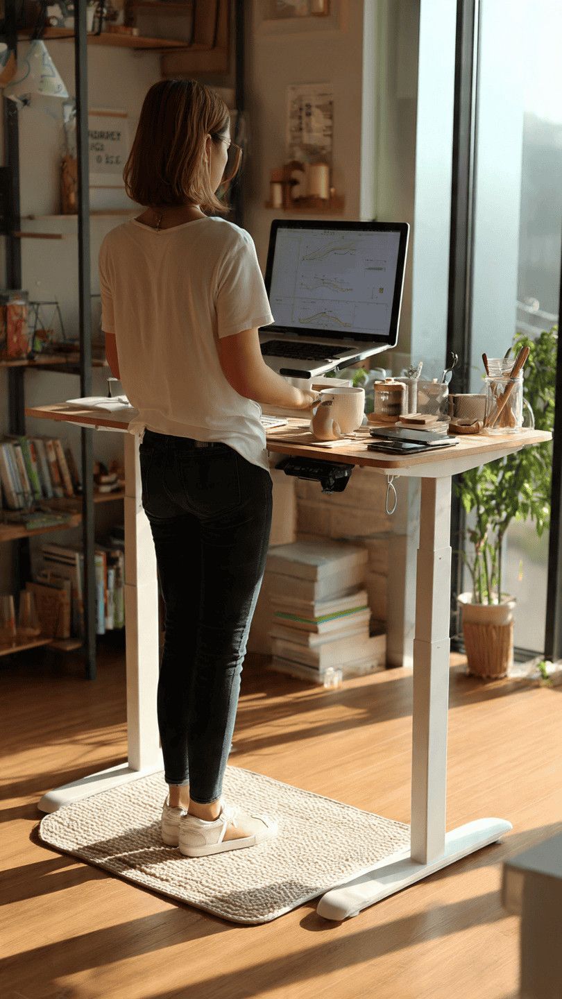 Vantaggi dell’utilizzo di una scrivania in piedi. Donna al lavoro su un laptop con grafici e note, in un ambiente domestico ben illuminato, con scaffali di libri e piante intorno.