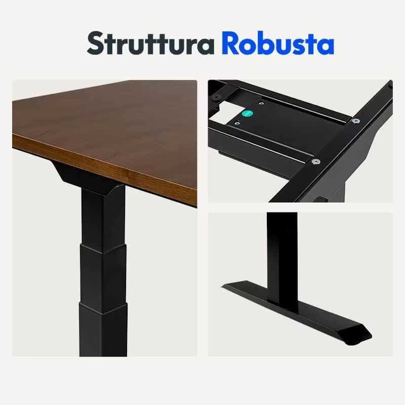 Robusta struttura da scrivania con piano in legno e finitura nera, supporto stabile e resistente, ideale per ambiente di lavoro moderno e professionale, con possibilità di regolazione e personalizzazione.