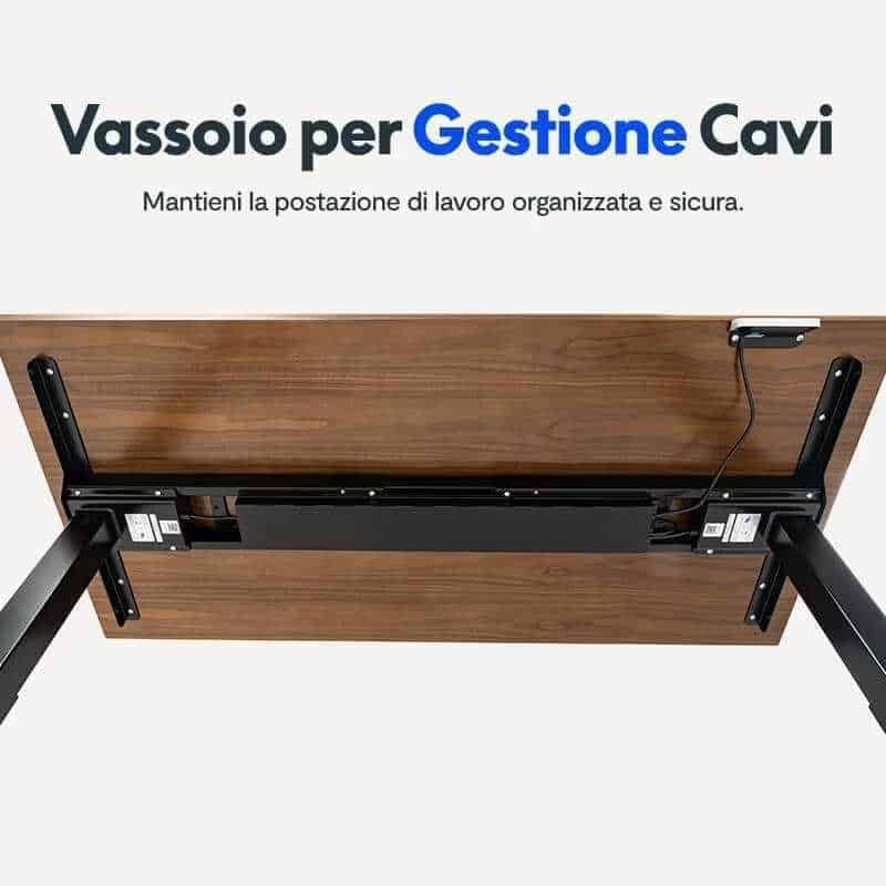 Vassoio per gestione cavi sotto scrivania, soluzione organizzazione postazione lavoro, supporto cavi in legno e metallo, per ambiente ufficio e home office, sicurezza e ordine.