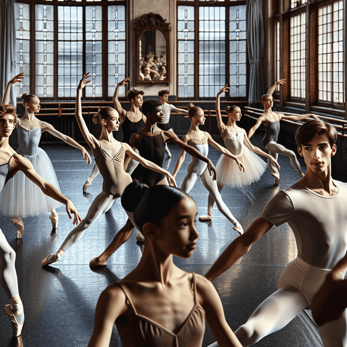 La Danza Oggi: dalle Scuole ai Palcoscenici Internazionali 2 Ballerini professionisti in allenamento di danza classica in studio di balletto con grandi finestre e pareti in legno, praticando esercizi di stretching e postura.