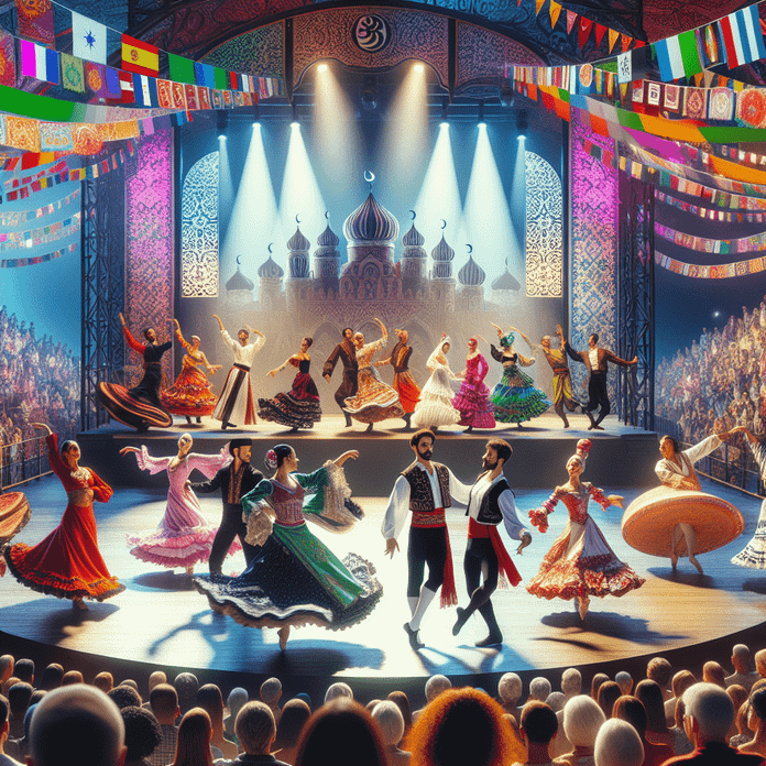 La Danza Oggi: dalle Scuole ai Palcoscenici Internazionali 4 Colorato spettacolo di ballo tradizionale sul palco di un teatro con decorazioni multicolori e luci, rappresentando cultura e arte di diverse nazioni.