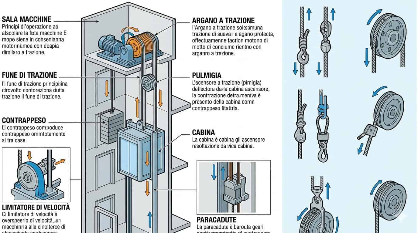 Immagine che illustra i componenti di un ascensore domestico, tra cui sala macchine, argano a trazione, funi, contrappeso e cabina, per garantire comfort e stile in casa.