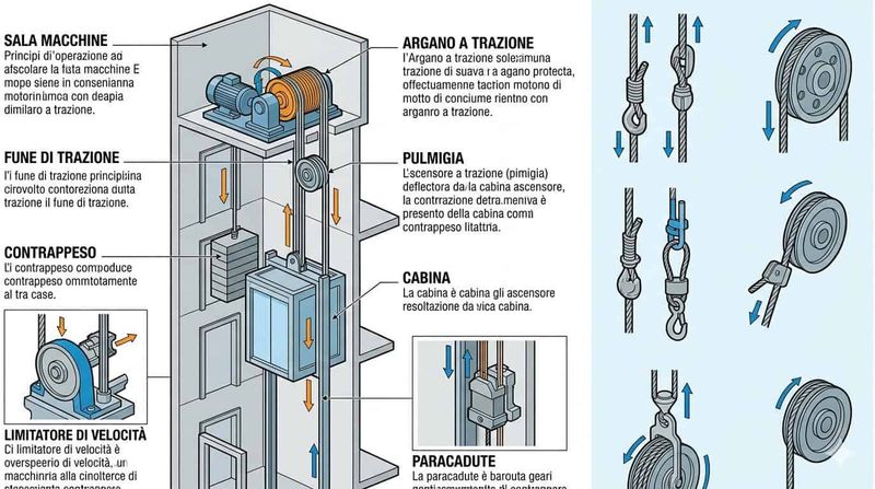 Guida completa all'ascensore per interni: comfort e stile in casa 3 Immagine che illustra i componenti di un ascensore domestico, tra cui sala macchine, argano a trazione, funi, contrappeso e cabina, per garantire comfort e stile in casa.