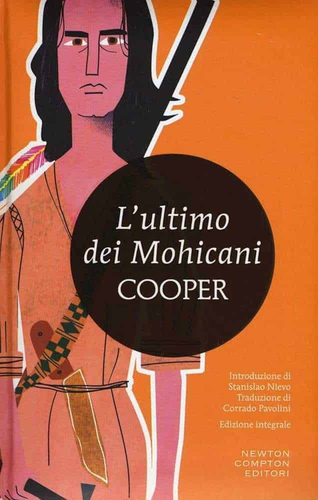 UOMO NELLA COPERTINA DEL LIBRO "L'ultimo dei Mohicani" di Cooper, arte stilizzata e illustrativa, sfondo arancione.