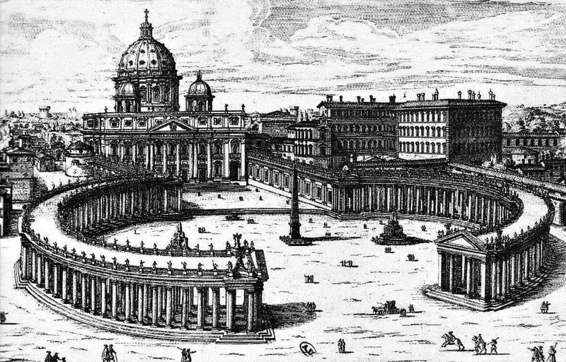Basilica di San Pietro: Storia e Segreti 2 St. Peter's Basilica e la Piazza San Pietro a Roma rappresentati in un disegno d'epoca.
