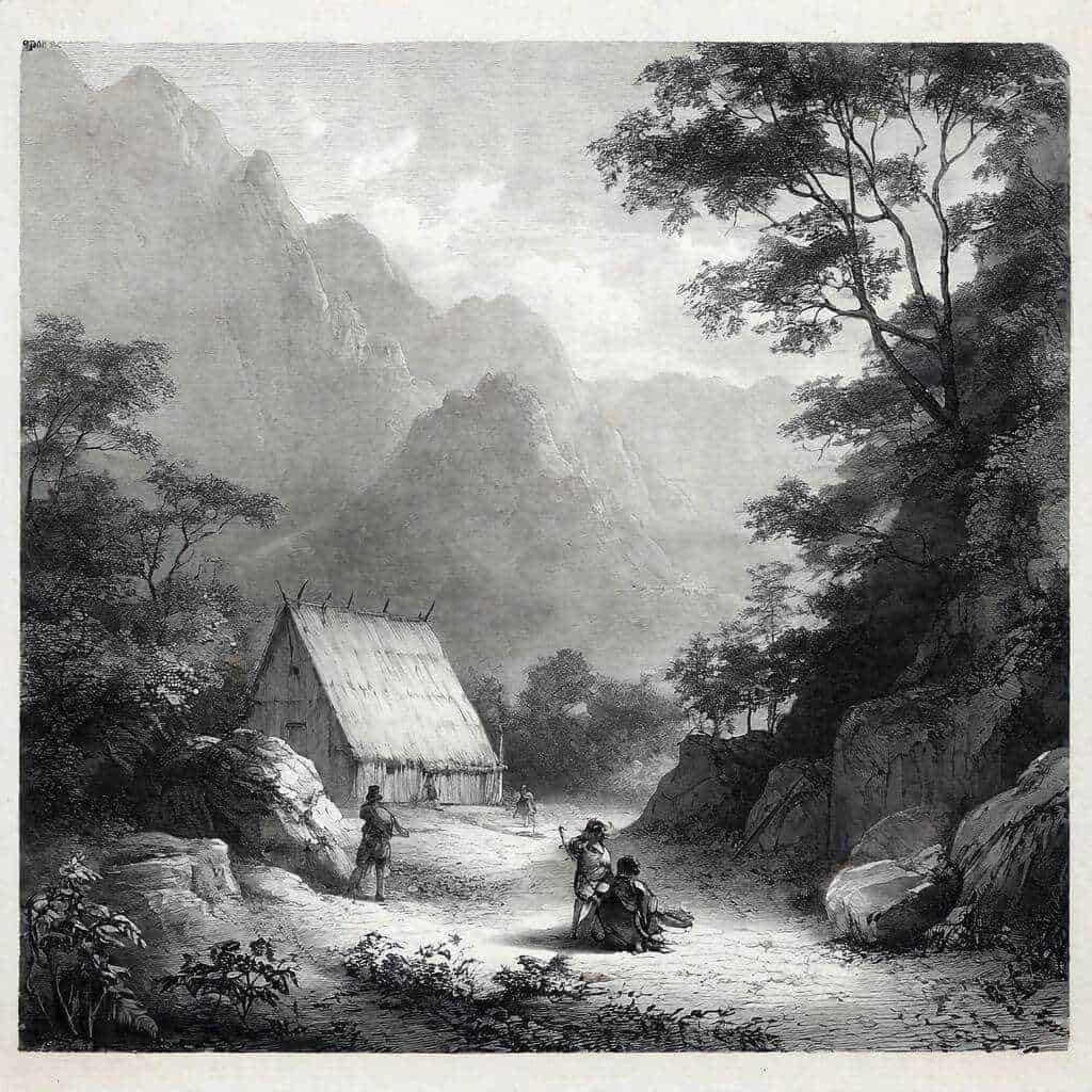 Montagna e foresta in una scena paesaggistica tradizionale, con una capanna e persone che interagiscono nel contesto naturale, in stile acquerello o stampa monocromatica, evocando tranquillità e vita rurale.