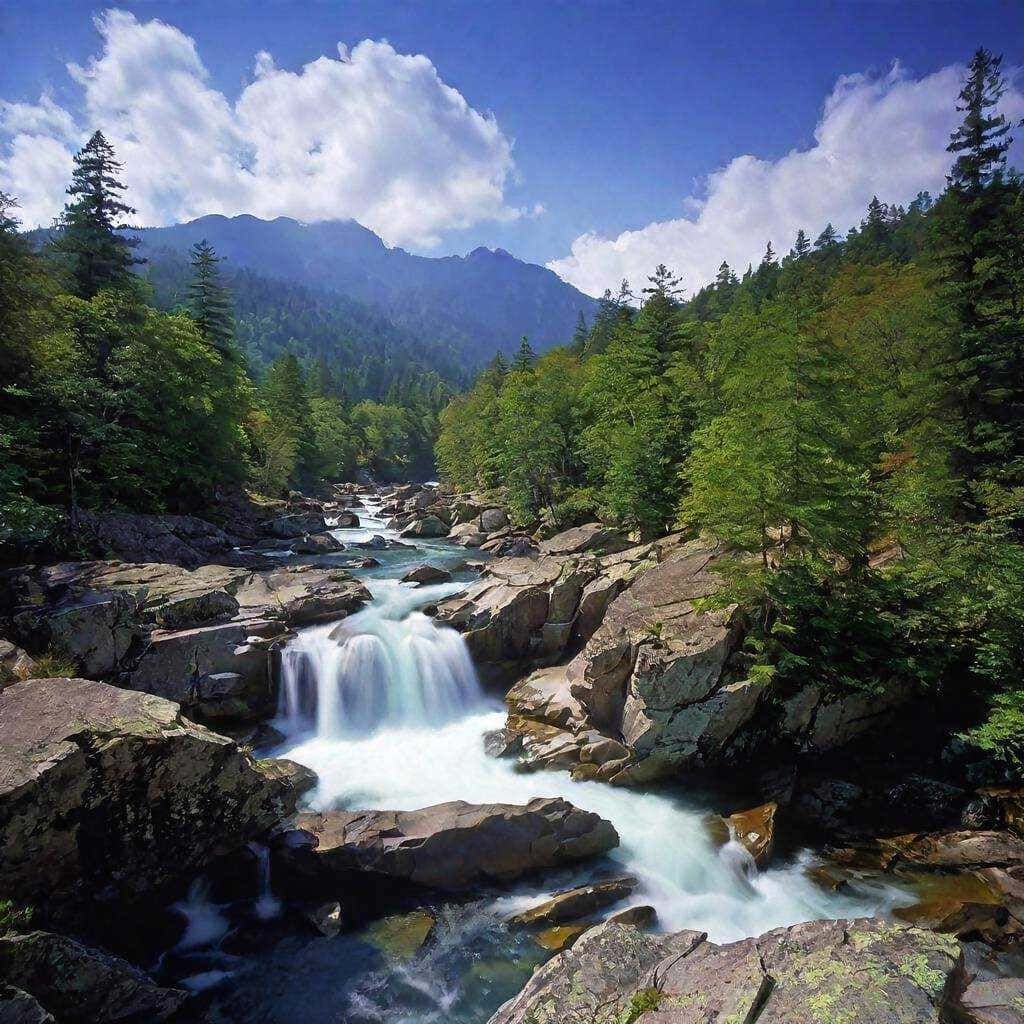 Fornitura di immagini di un torrente di montagna con cascate, circondato da foresta verde e montagne sullo sfondo, perfetta per contenuti sulla natura, escursionismo e paesaggi naturali.