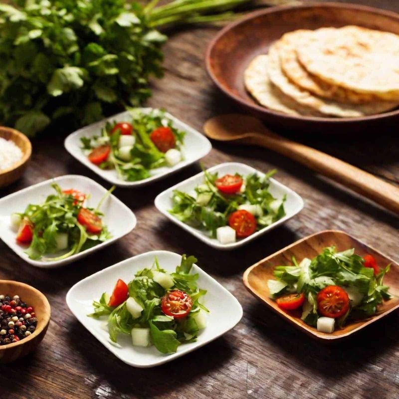 Gli antipasti italiani e le tapas spagnole, differenze 6 Pomodori e insalata di verdure fresche in ciotole di ceramica e legno, con pane pita sul tavolo rustico. Ideale per ricette salutari e ricette vegetariane, perfetto per un antipasto mediterraneo.