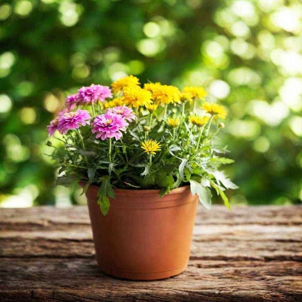 Fiori colorati in vaso di terracotta su tavolo di legno, ambiente naturale con sfondo verde sfocato, decorazione floreale estiva.