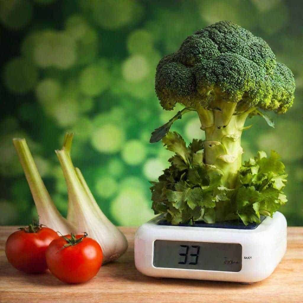 Broccoli con mele, pomodori e aglio su bilancia digitale con sfondo verde sfocato, ambiente naturale e salutare.