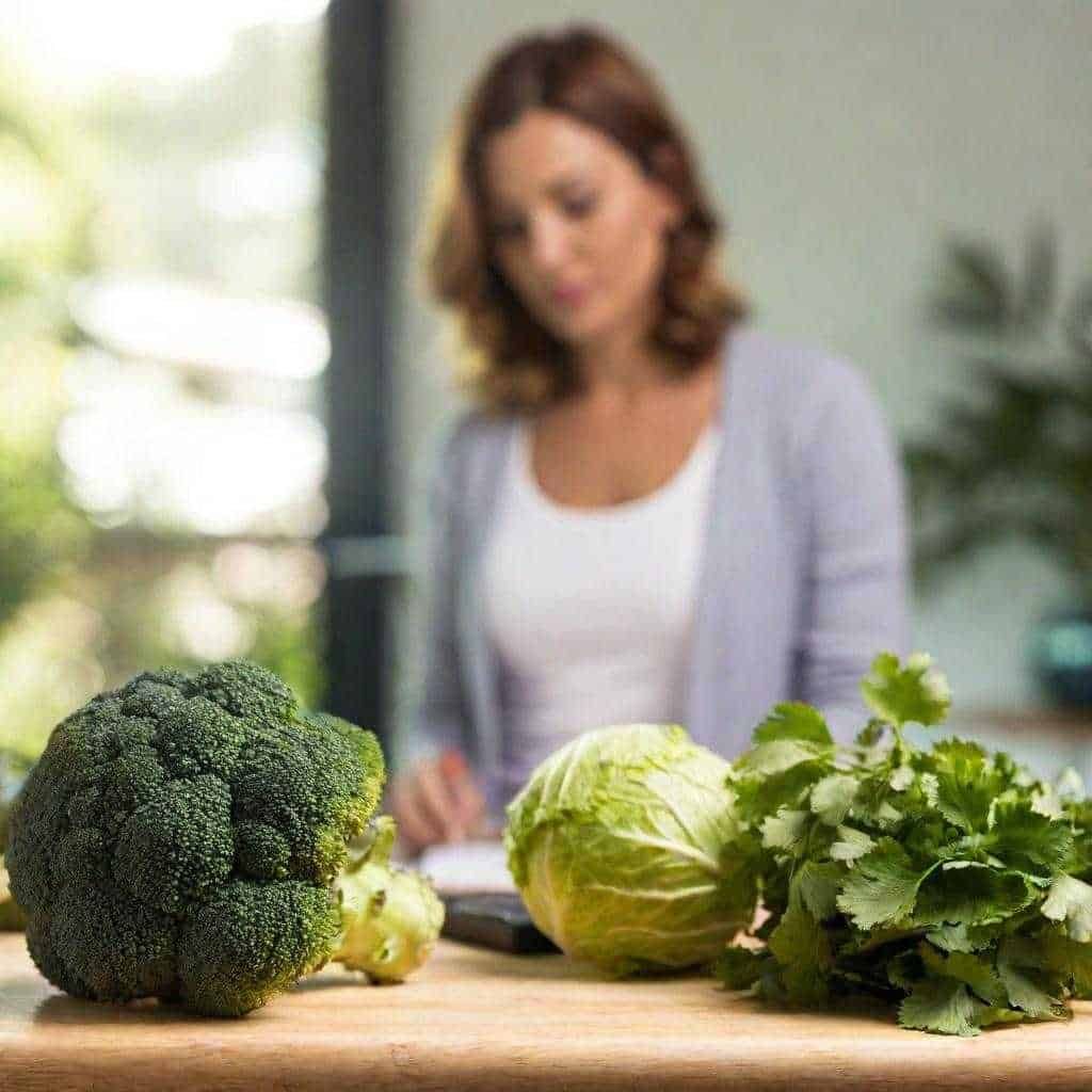 Verde broccoli, cavolo e coriandolo freschi su tavolo in cucina, donna in background prende appunti, stile di vita sano, alimentazione naturale, cucina vegetariana e ricette salutari.