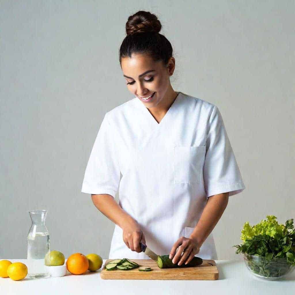 Femminile chef in cucina che taglia cetrioli con coltello, alimentazione sana e ricette fresche.