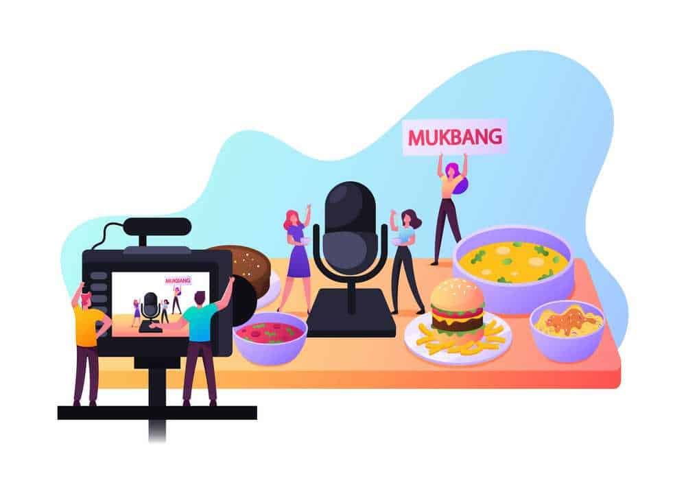 Incorporazione di cibo, microfono e smartphone per uno streaming di una sessione di mukbang con piatti di cibo gustosi e persone che partecipano.