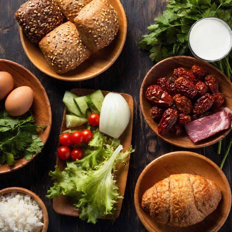 8 Cibi da evitare per il mal di schiena 3 Pane integrale con semi, uova, pomodorini, insalata, datteri e bacon in ciotole di legno, con latte e erbe aromatiche, su tavola in stile rustico.