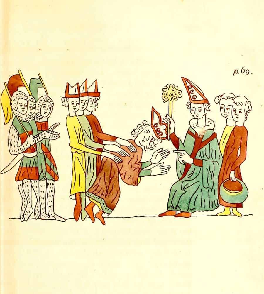 Sistema feudale nel medioevo: Didascalia di un'illustrazione medievale con personaggi in costumi d'epoca, scena di consegna o ricevimento di un oggetto speciale, stile artistico storico.