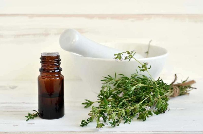 Timo benefici e controindicazioni, SwissJust 4 Aromaterapia e oli essenziali; infuso di erbe fresche e un mortaio con pestello in evidenza. Elementi naturali per benessere e cura del corpo, ideale per articoli su Rimedi naturali e benessere.