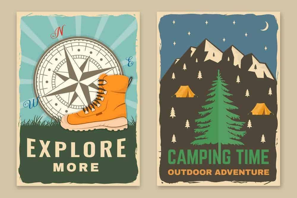 Esplorare natura e avventure outdoor con scarponi da trekking e campeggio in paesaggi montani e boschivi.