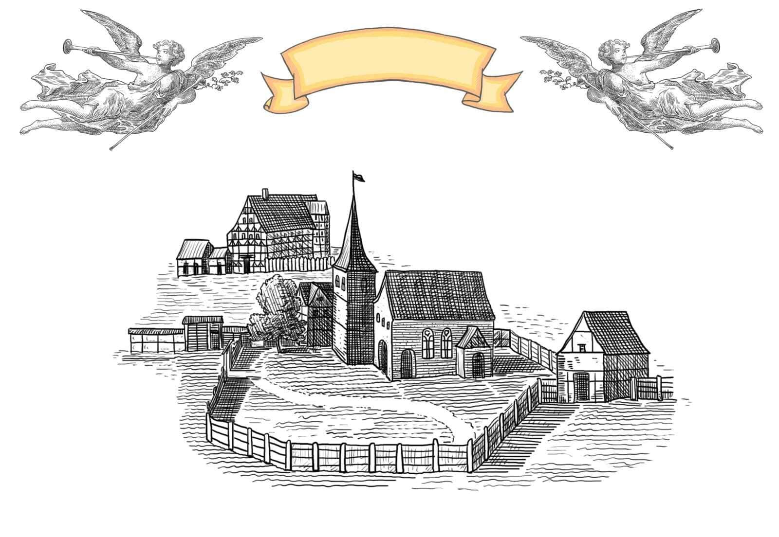 Vecchio disegno di un borgo con chiesa e case in stile line art, ideale per blog su architettura e storia locale.