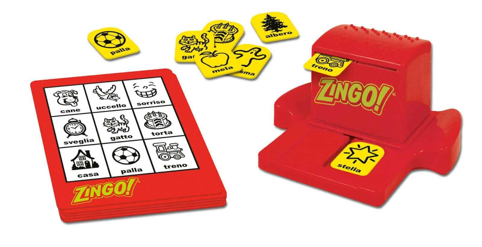 Gioco di società Zingo! con schede illustrate e gettoni colorati, ideale per bambini, per migliorare vocabolario e capacità di riconoscimento. Perfetto come gioco educativo e ricreativo.
