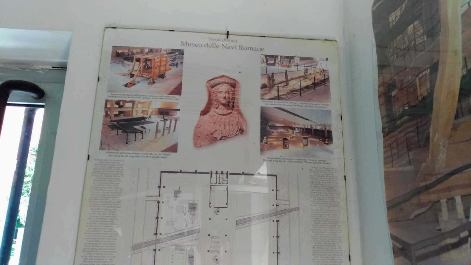 Antico schema del Museo delle Navi Romane con dettagli sulle esposizioni storiche e archeologiche, perfetto per gli appassionati di archeologia e musei romani.