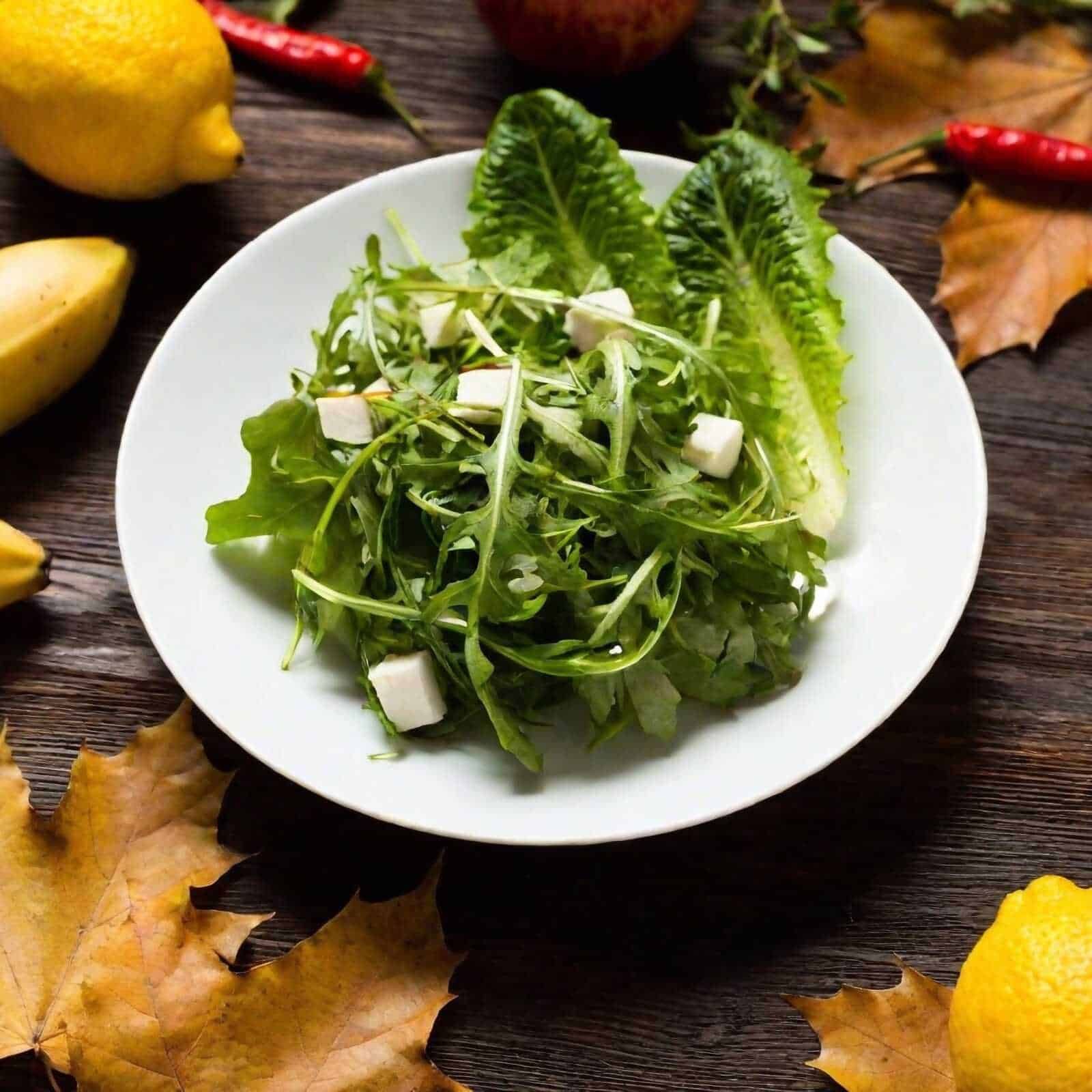Foglia di insalata mista in una ciotola bianca, con misticanza e formaggio, su superfice di legno decorata con limoni, foglie autunnali e peperoncini rossi. Ideale per piatti di insalate fresche e salutari.