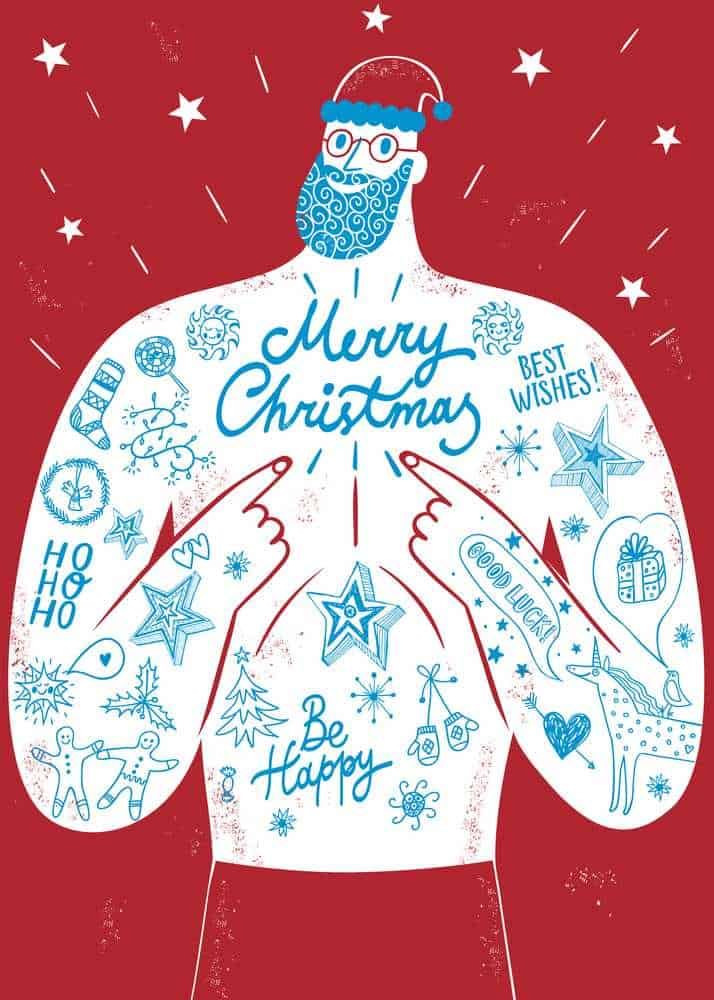 Tatuaggi temporanei di Natale: origine, idee e curiosità 4 Un uomo con barba blu e occhiali, vestito da Babbo Natale stilizzato, circondato da decorazioni natalizie blu su sfondo rosso, con messaggi di auguri come "Merry Christmas" e "Be Happy".