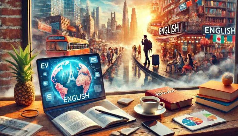 Come imparare l'inglese da autodidatta 3 Immagine di uno studio con vista sulla città, con tablet, libri di inglese, tazza di caffè e materiali di studio per l'apprendimento della lingua inglese. Questa scena rappresenta la formazione linguistica moderna e lo studio dell'inglese in ambienti urbani.