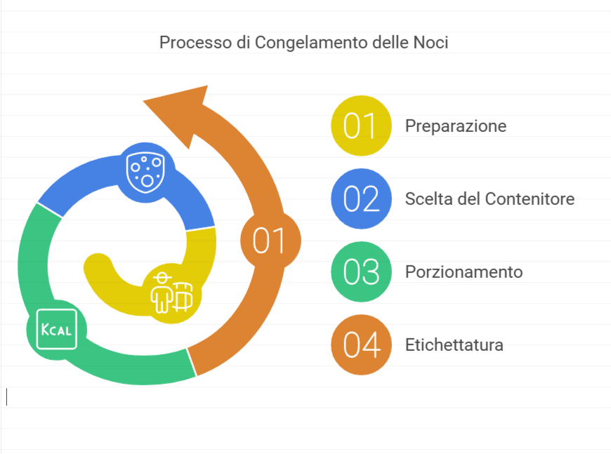 Noci congelate, processo di congelamento: preparazione, scelta del contenitore, porzionamento ed etichettatura, illustrato in un'infografica colorata.