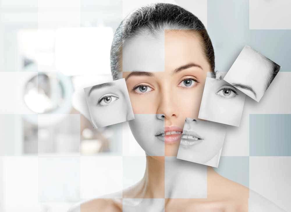 Importanza di prendersi cura della propria pelle: Ragazza con viso parzialmente digitale e collage di occhi e labbra in stile fotomontaggio, concetto di bellezza e cura della pelle, immagini di routine di bellezza, riflessi di luce, immagini di moda e make-up.