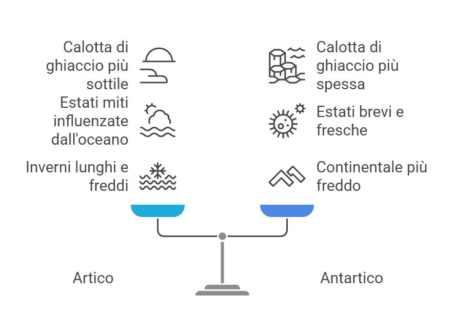 Calotta di ghiaccio più sottile, miti estati influenzate dall'oceano, lunghe inverni freddi e calotta di ghiaccio più spessa, estati brevi e fresche, continentale più freddo, distribuzione dei poli artico e antartico.