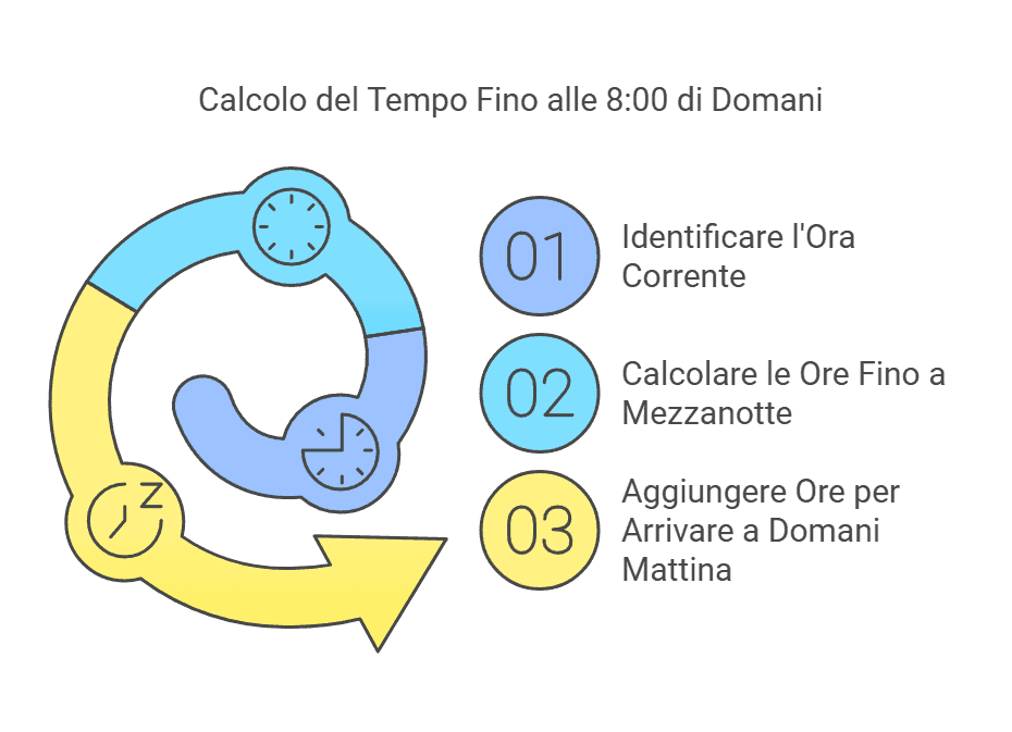 Calcolo del tempo fino alle 8 di domani, con scheda illustrativa su come identificare l'ora corrente, calcolare le ore fino a mezzanotte e aggiungere ore per arrivare alla mattina successiva.