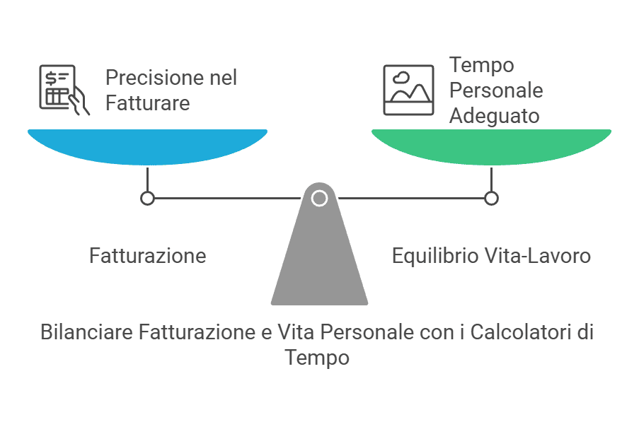 Equilibrio tra fatturazione e vita personale con calcolatori di tempo, rappresentato da una bilancia che bilancia precisione nella fatturazione e tempo personale adeguato per un miglior equilibrio vita-lavoro.