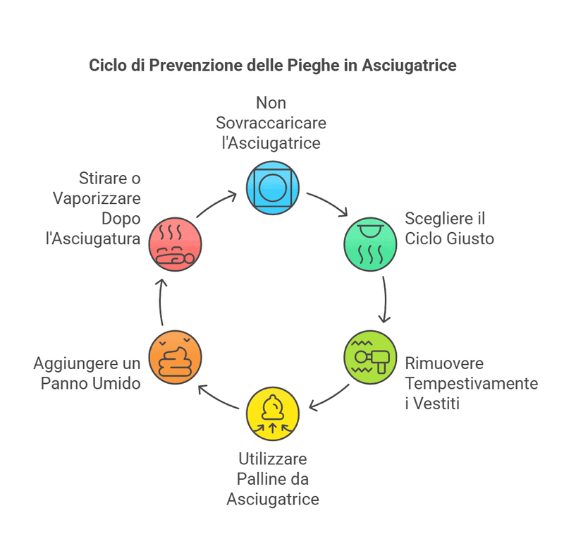 Asciugatrice: Come Evitare le Pieghe in 6 Step 3 Pannello guida ciclo di prevenzione delle pieghe in asciugatrice, illustrato con istruzioni per evitare sovraccarico, scegliere il ciclo giusto, rimuovere i vestiti, aggiungere un panno umido e stirare o vaporizzare.