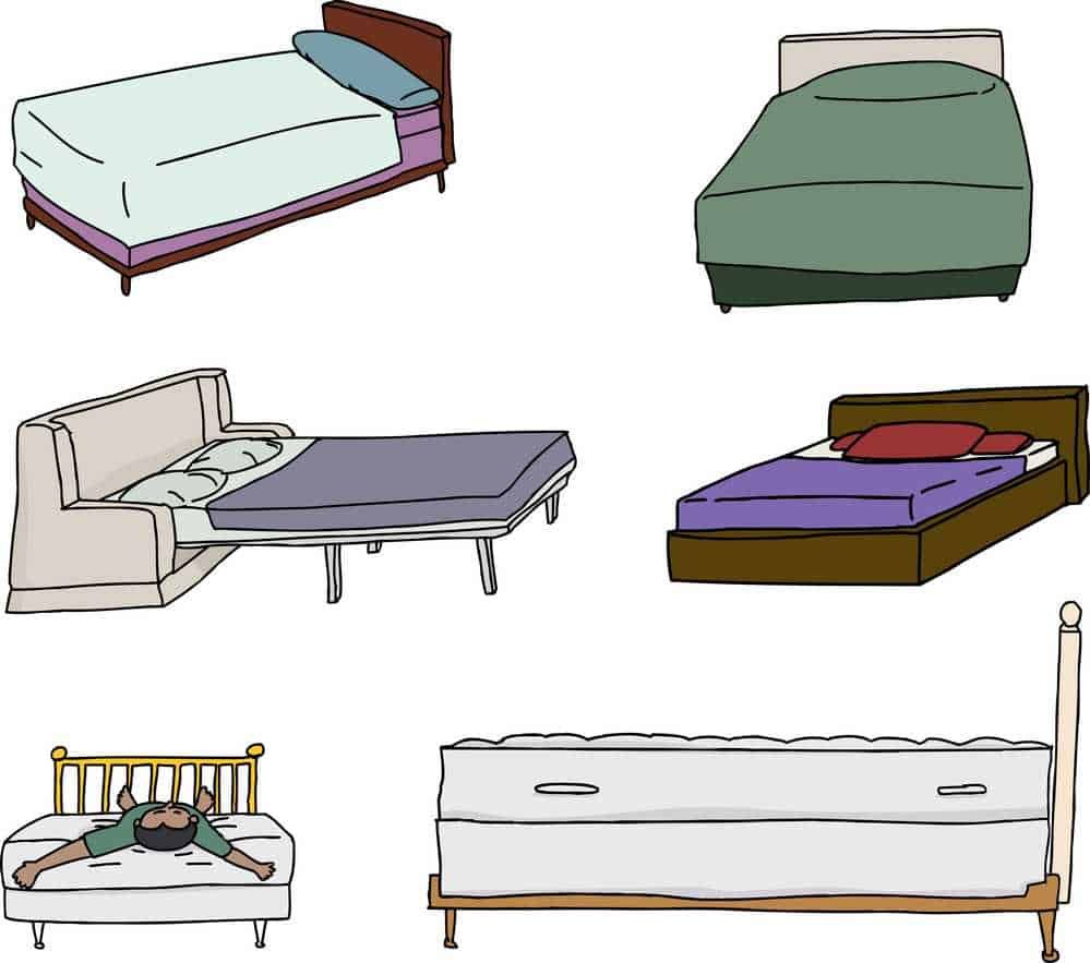 Letto singolo con testiera in legno, letto matrimoniale con testiera imbottita, letto con pannelli laterali e basculanti, letto a castello con struttura in legno e rete a doghe, letto con lenzuola e cuscino, cassettiera a sei cassetti, cassetto con pomelli in plastica.