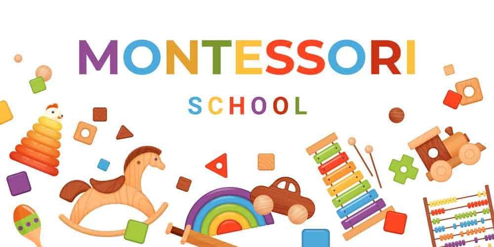 Montessori scuola materna in legno con giocattoli educativi, arcobaleno, cavallo, carretto e strumenti musicali per lo sviluppo infantile.