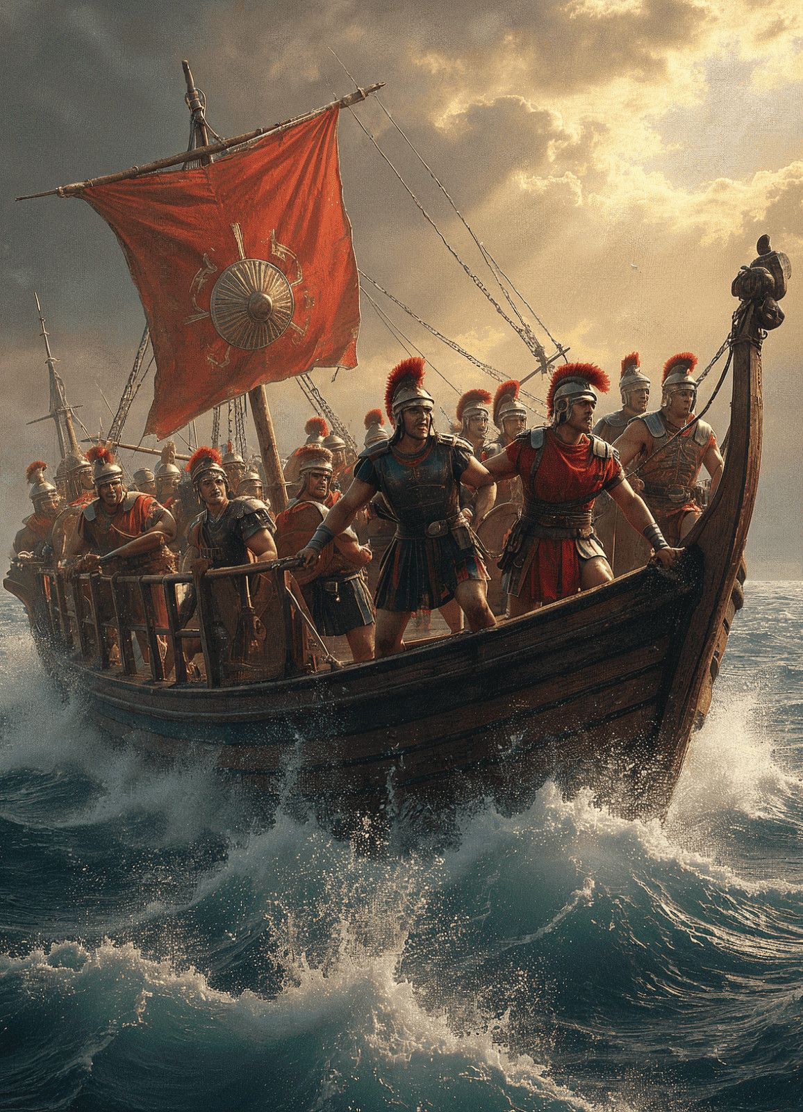 Navigatori romani in battaglia su una nave antica, l'immagine rappresenta l'epoca dell'antica Roma, con soldati armati di elmi, corazze e scudi, che navigano in mare aperto sotto un cielo tempestoso.