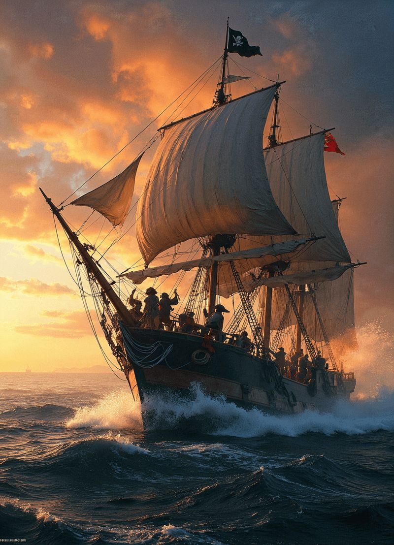 Tattiche navali romane contro i pirati 5 Vela pirata al tramonto con vele bianche e bandiere, nave avventurosa in mare con onde mosse da vento intenso, scena epica di pirateria con cielo drammatico, atmosfera storica, viaggio in mare aperto, immagini di avventura e navigazione.