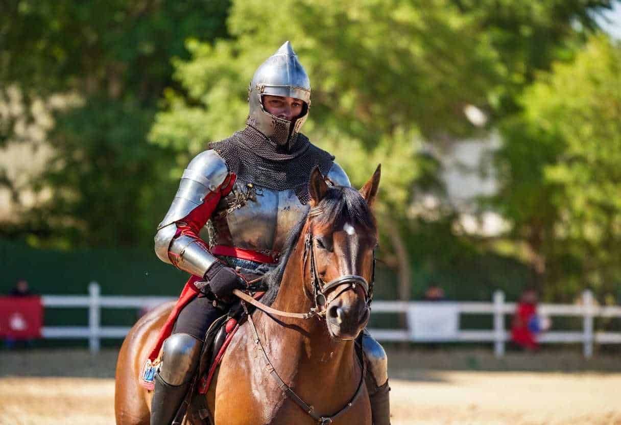 Cavaliere in armatura medievale su cavallo durante una manifestazione storica all'aperto con alberi verdi sullo sfondo.