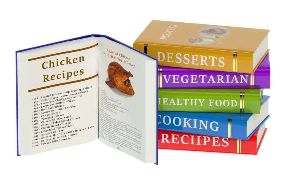 Ricettario di cucina con ricette di pollo e altre pietanze, libri di ricette di cucina per dieta sana e vegetariana, culinaria moderna e ricette facili da preparare.