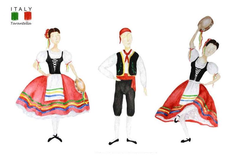 La tarantella da dove viene? Ballo folk 2 Colorati costumi tradizionali italiani con danzatori in abiti folkloristici, rappresentano la cultura e le tradizioni della regione Tarantella in Italia. Perfetto esempio di abbigliamento regionale italiano.
