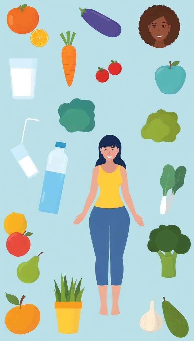 10 sane abitudini di vita e dieta equilibrata per over 50 7 Frutta e verdura fresca, acqua e bevande salutari per uno stile di vita sano, rappresentazione di alimentazione equilibrata e benessere.