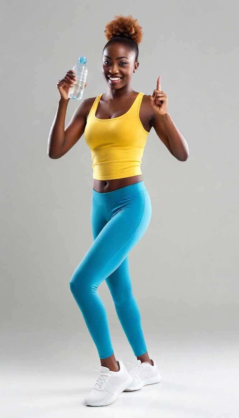 10 sane abitudini di vita e dieta equilibrata per over 50 5 Acqua e allenamento: donna felice con bottiglia d'acqua, abbigliamento sportivo, enfatizzando benessere e fitness.