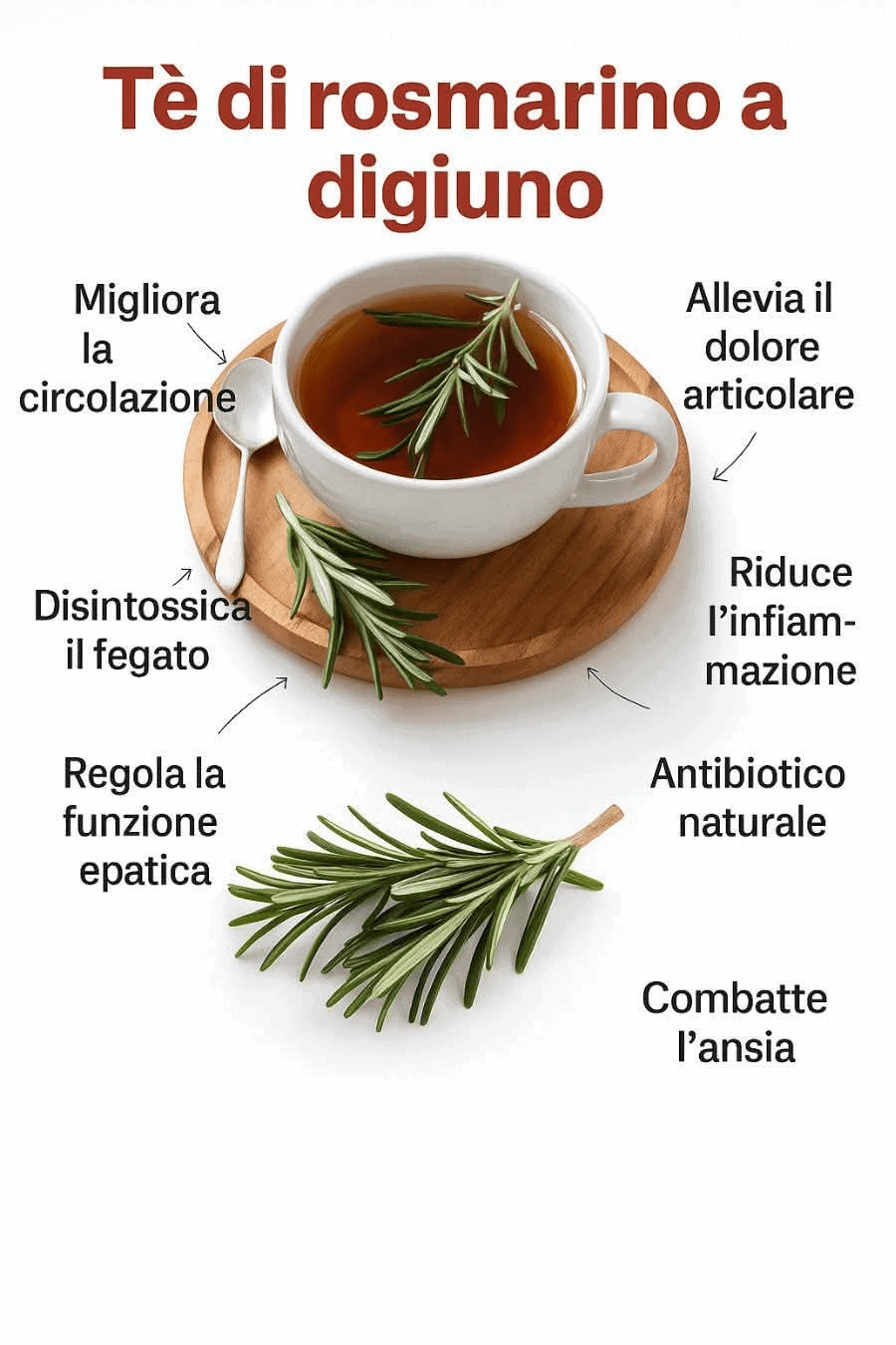 Tè di rosmarino a digiuno, benefici per la salute, migliora la circolazione, aiuta il fegato, regola la funzione epatica, allevia il dolore articolare, riduce l'infiammazione.